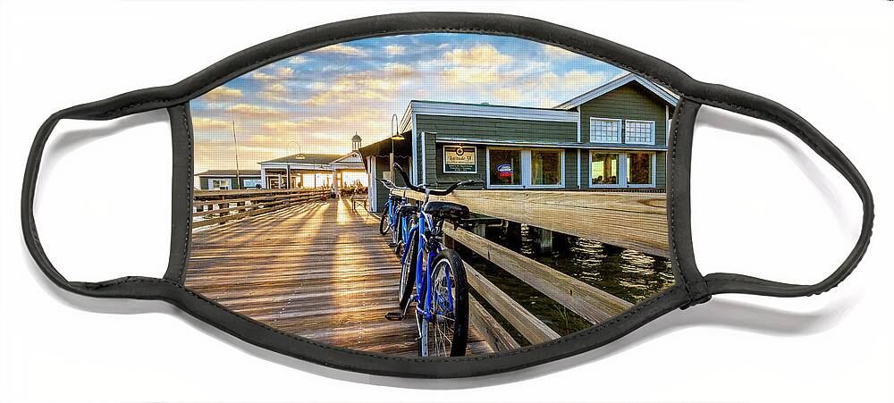 Clouds Face Mask featuring the photograph Blue Bicycles on the Jekyll Island Boardwalk Pier by Debra and Dave Vanderlaan