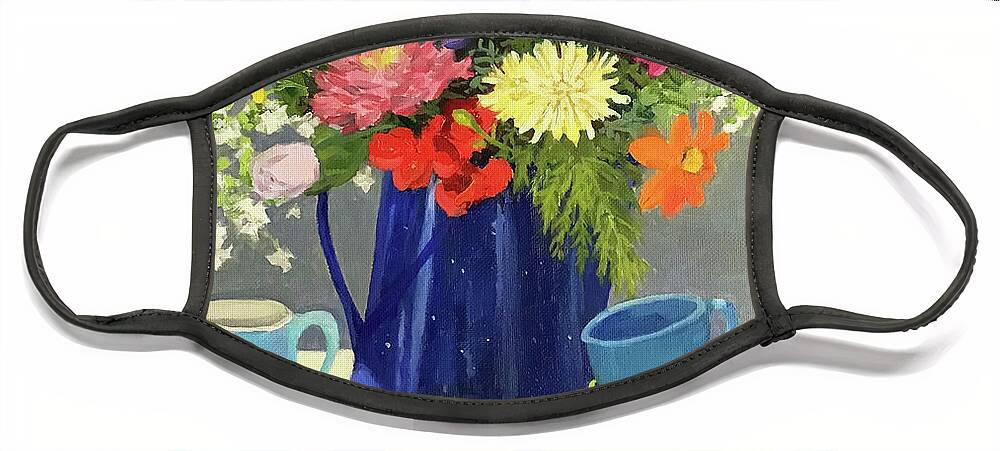 Blue Face Mask featuring the painting Blue Coffeepot Bouquet by Anne Marie Brown