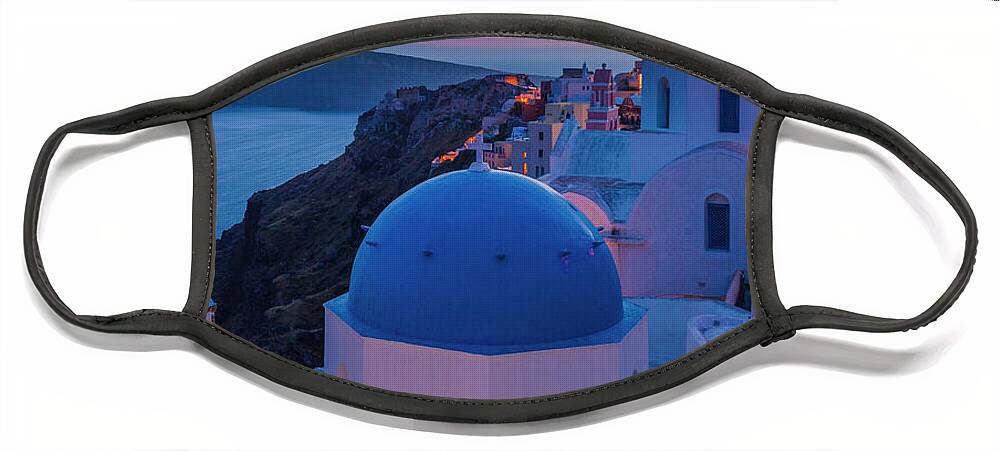 Aegean Sea Face Mask featuring the photograph Blue Domes Of Santorini by Evgeni Dinev