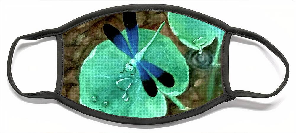  Face Mask featuring the painting Blue Dragonfly on lilypad by Peggy Miller