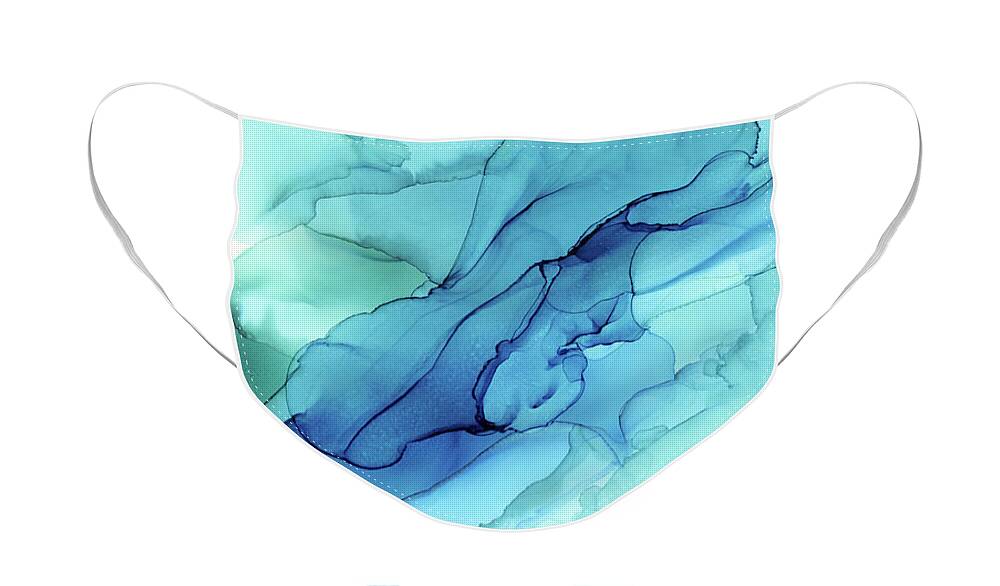 Alcohol Ink Face Mask featuring the painting Blue Emerald Sea Waves - Abstract Ombre Flowing Ink by Olga Shvartsur