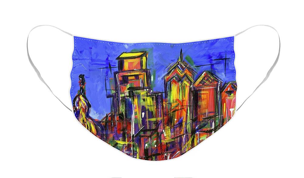 Philly Face Mask featuring the painting Blue Philadelphia Skyline with Love by Britt Miller