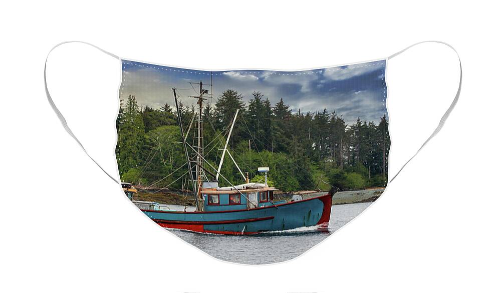 Alaska Face Mask featuring the photograph Blue Shrimp Boat Past Island by Darryl Brooks