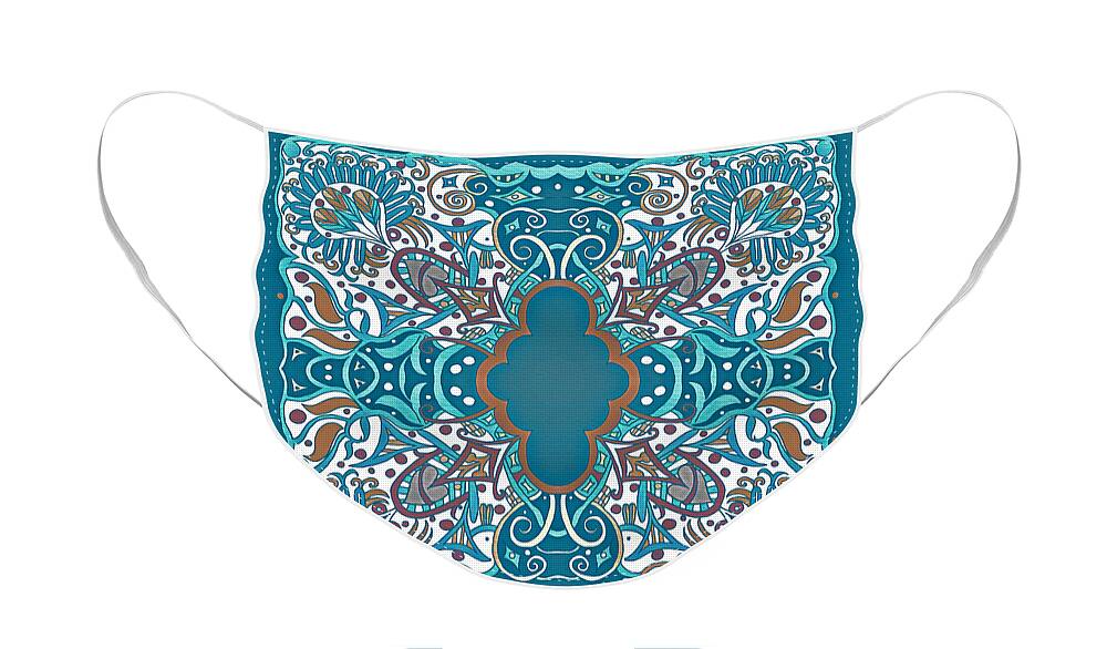 Feathers Face Mask featuring the mixed media Blue, Turquoise, White and Sandy Brown Decor Design by Lise Winne