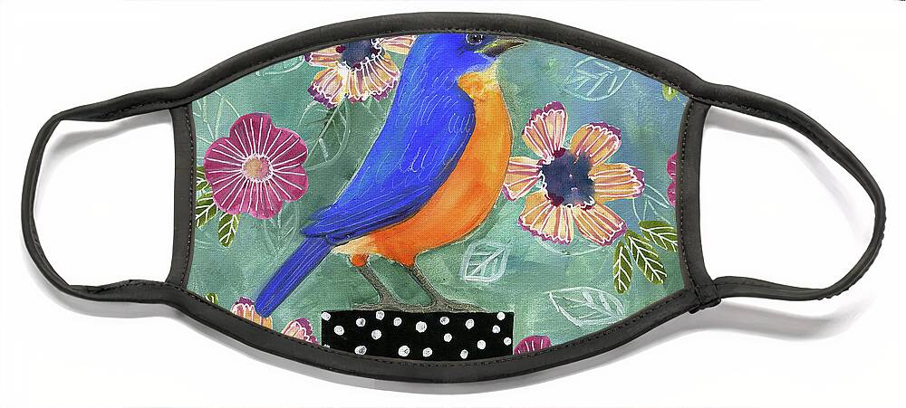 Bluebird Face Mask featuring the painting Bluebird and Flowers by Blenda Studio
