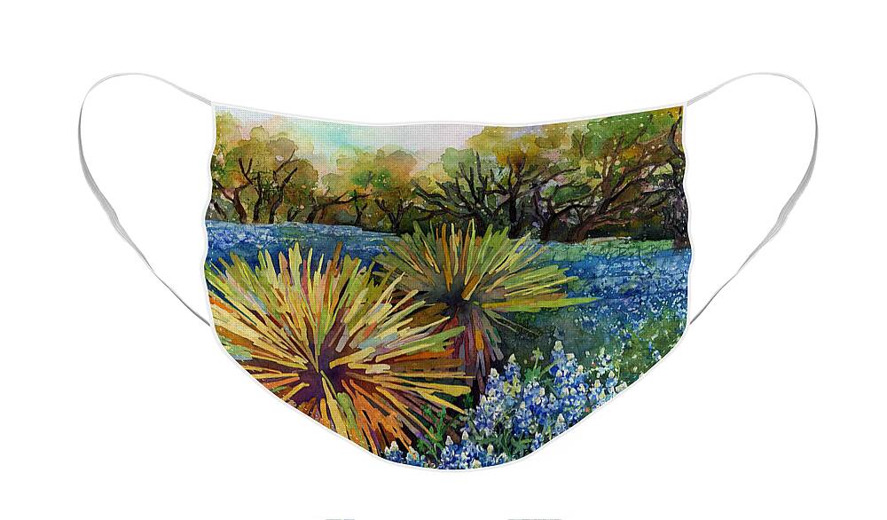 Cactus Face Mask featuring the painting Bluebonnets and Yucca by Hailey E Herrera