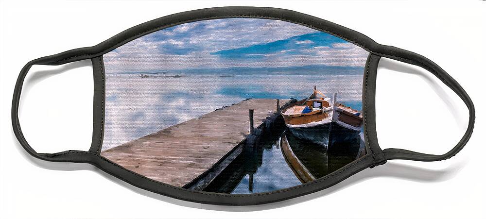 Wave Face Mask featuring the painting Boat And Sky Beach by Tony Rubino