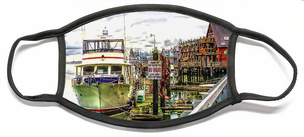 Boats Face Mask featuring the mixed media Boats at La Conner Washington Waterfront by Sea Change Vibes