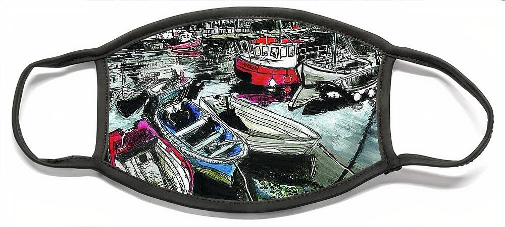 Ink Brush And Line Painting Face Mask featuring the painting Boats in the Harbor by Eileen Backman