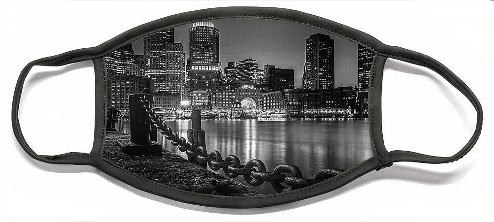 Boston Face Mask featuring the photograph Boston Massachusetts Skyline Harborwalk Black And White by Jordan Hill