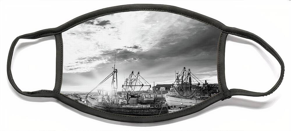 Norfolk Face Mask featuring the photograph Brancaster Norfolk fishing trawlers at sunrise BW by Simon Bratt
