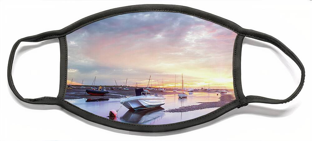 Norfolk Face Mask featuring the photograph Brancaster Staithe boat harbour at sunrise in Norfolk by Simon Bratt