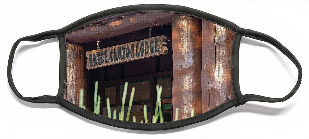 Bryce Canyon Lodge Face Mask featuring the photograph Bryce Canyon Lodge Porch with Sign by Bruce Gourley