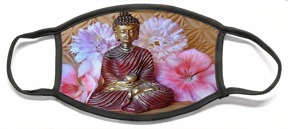 Buddha Face Mask featuring the photograph Buddha and Flowers by Nancy Ayanna Wyatt