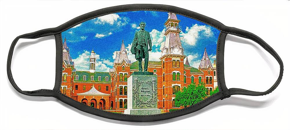 Burleson Quadrangle Face Mask featuring the digital art Burleson Quadrangle of the Baylor University in Waco, Texas - pencil sketch by Nicko Prints