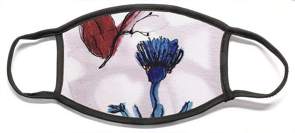  Face Mask featuring the painting Butterfly and Blue Flower by Margaret Welsh Willowsilk