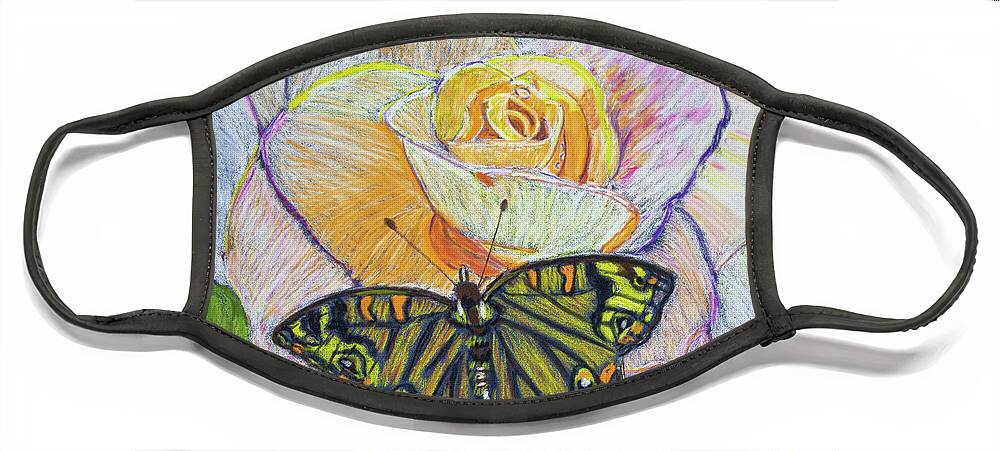 Butterfly Face Mask featuring the drawing Butterfly on a Rose by Ali Baucom