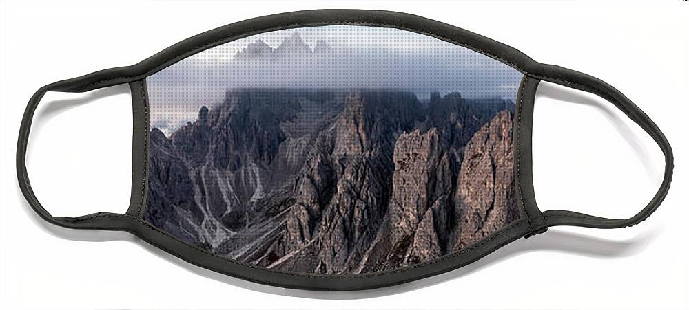 Panorama Face Mask featuring the photograph Cadini Peaks Tre Cime de Laveredo Italian Dolomites by Sonny Ryse