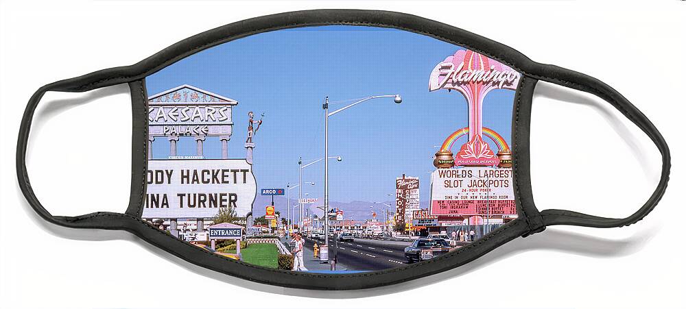 Flamingo Casino Neon Sign Face Mask featuring the photograph Caesars Palace Casino and Flamingo Casino Marquee Signs 1970's 2 to 1 Ratio by Aloha Art