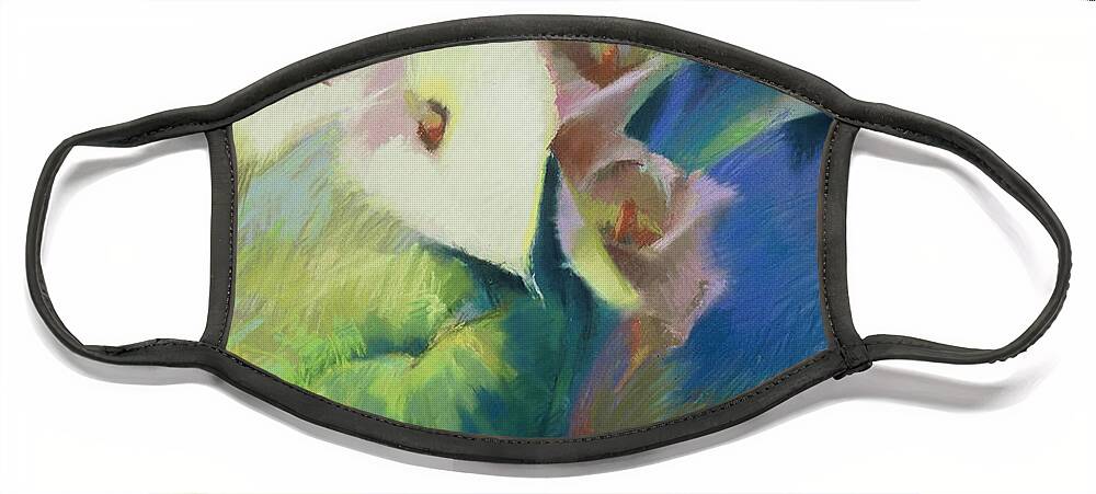 Cala Lilies Face Mask featuring the painting Cala Lilies by Cathy Locke