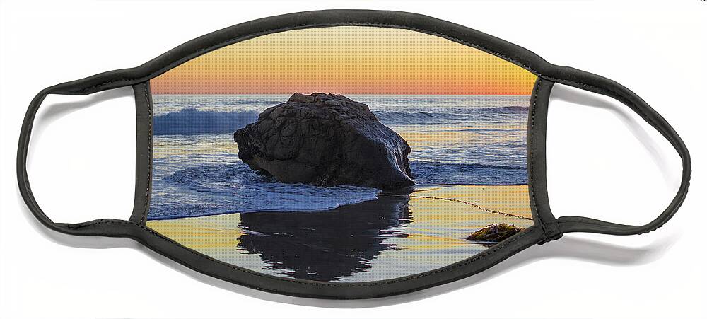 Malibu Face Mask featuring the photograph California Beach Sunset with Rock Reflection by Matthew DeGrushe