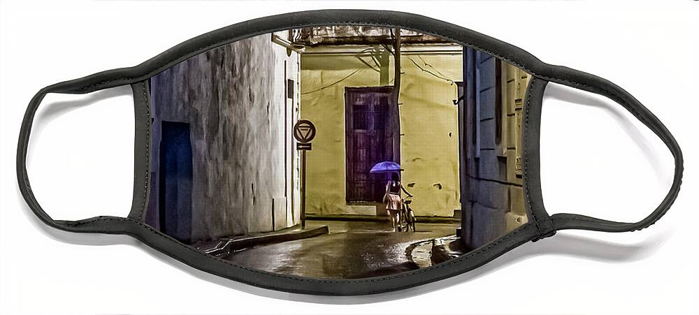 © 2015 Lou Novick All Rights Reversed Face Mask featuring the photograph Camaguey rainy street by Lou Novick
