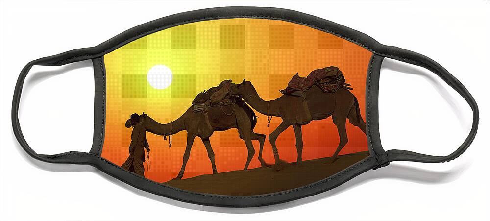 Camel Face Mask featuring the photograph Cameleerand Camels - Silhouette Against Sunset by Mikhail Kokhanchikov