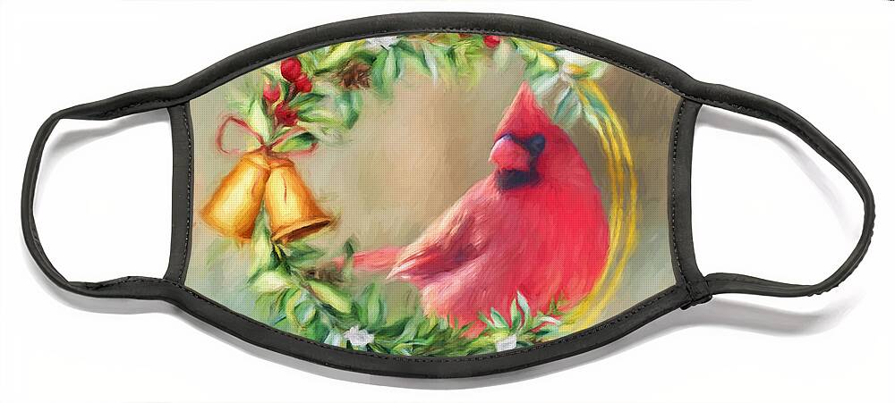 Cardinal Holiday Card Face Mask featuring the digital art Cardinal Peace by Jayne Carney