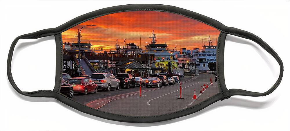 Sunrise Face Mask featuring the photograph Cars Waiting in Ferry Line at Sunrise by Jerry Abbott