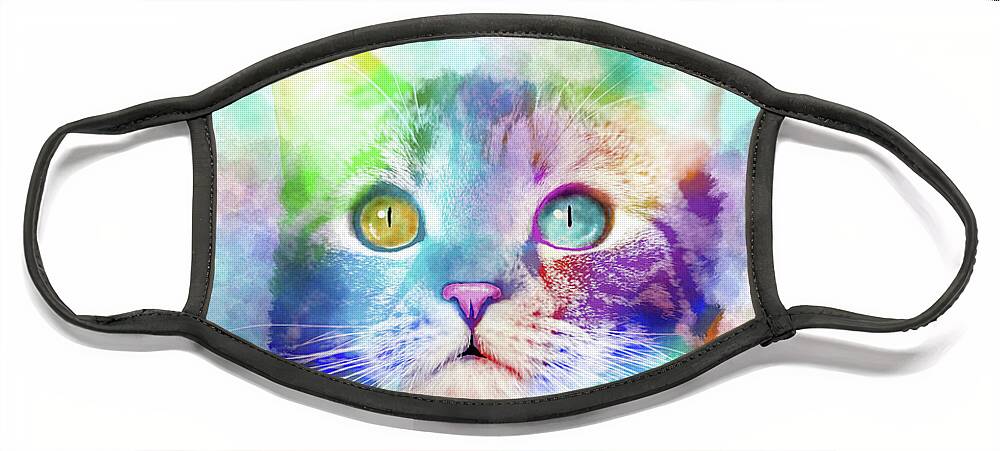 Cat Face Mask featuring the digital art Cat 663 multicolor cat by artist Lucie Dumas by Lucie Dumas