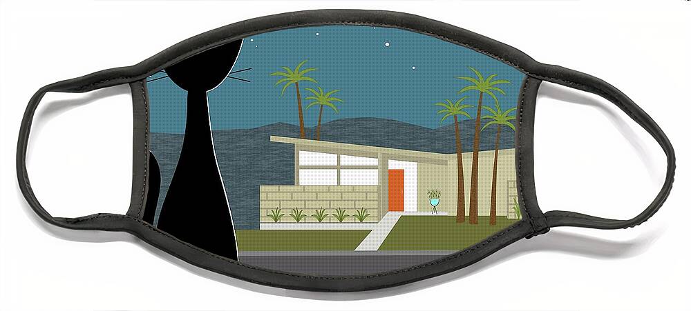 Cat Face Mask featuring the digital art Cat Looking at Mid Century Modern House by Donna Mibus