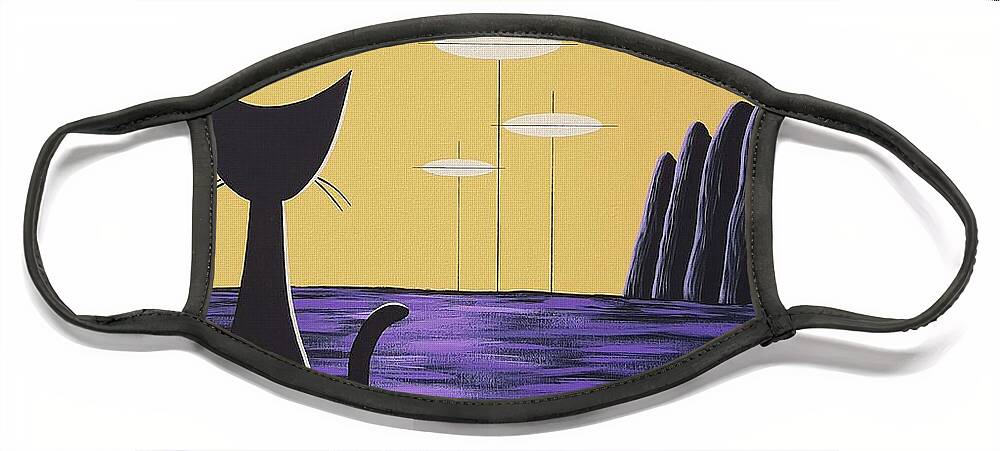Black Cat Painting Face Mask featuring the painting Black Cat on Purple Planet with Yellow Sky by Donna Mibus