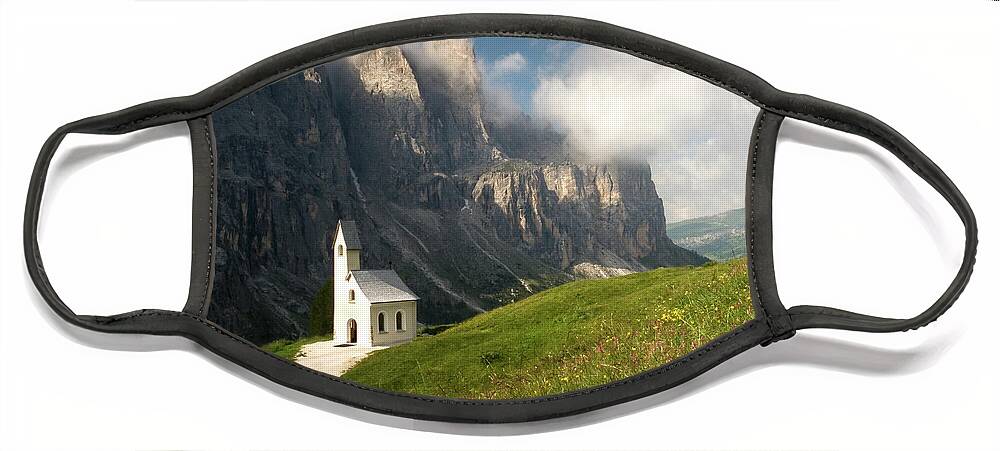 Alpine Face Mask featuring the photograph Chapel of St Maurice, Passo Gardena, Dolomites, Italy by Sarah Howard
