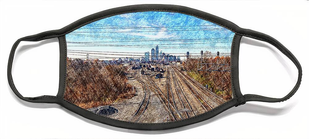 Charlotte-architecture-photography Face Mask featuring the digital art Charlotte Skyline from Matheson Bridge by SnapHappy Photos