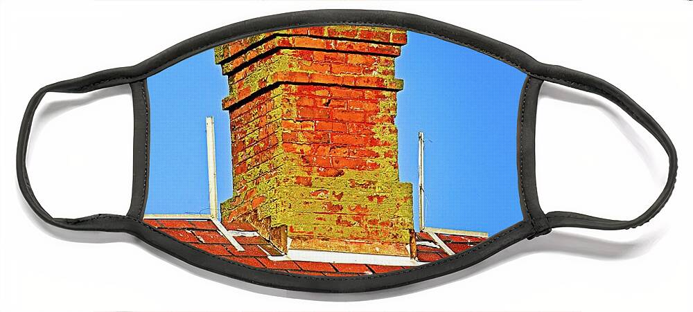 Standing; Chimney; Roof; Peak; Spire; Steeple; Aqua; Black; Blue; Blue Sky; Green; Red; Alone; Old; Rough; Worn; Worn Out; Fungus; Moss; Mold; Bright; Sunny; Sunshine; Bird Droppings; Brick; Droppings; Hard; Metal; Shingle; Surface; Texture; Tile; Above; Building; Close Up; High; House; Sky; Block; Elongated; Layered; Pattern; Peaked; Protruded; Rectangle; Repeated; Sloped; Square; Steep; Terraced; Vertical; Day; Clear Face Mask featuring the photograph Chimney On Blue by David Desautel