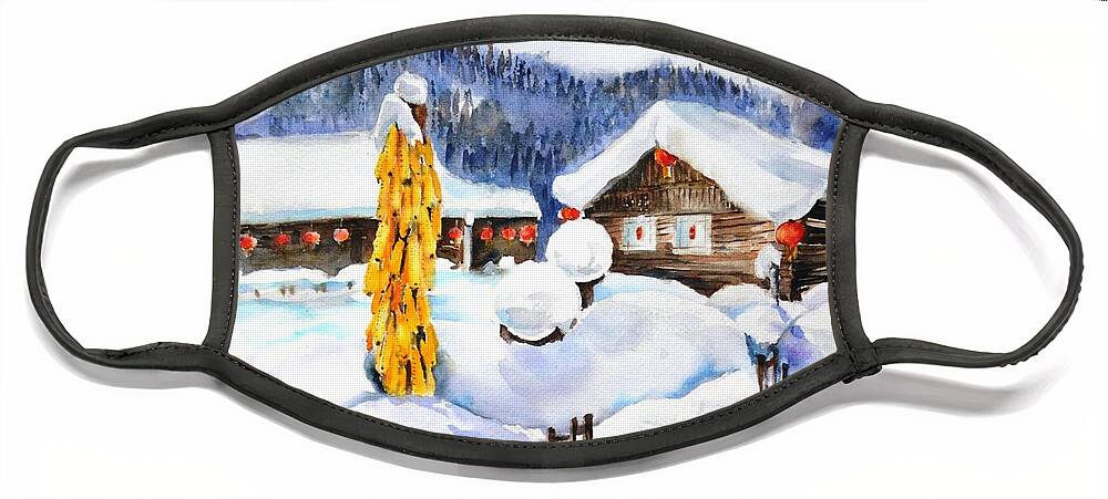 Snow Face Mask featuring the painting Chinese village #2 by Betty M M Wong