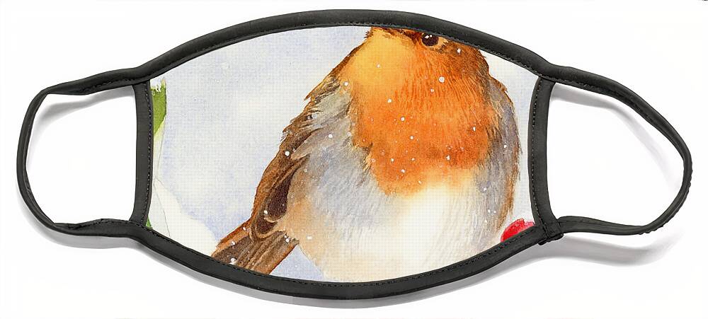 Christmas Face Mask featuring the painting Christmas Robin by Espero Art