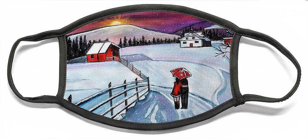 Romance Face Mask featuring the painting Christmas Romance in the snow acrylic winter painting by Manjiri Kanvinde