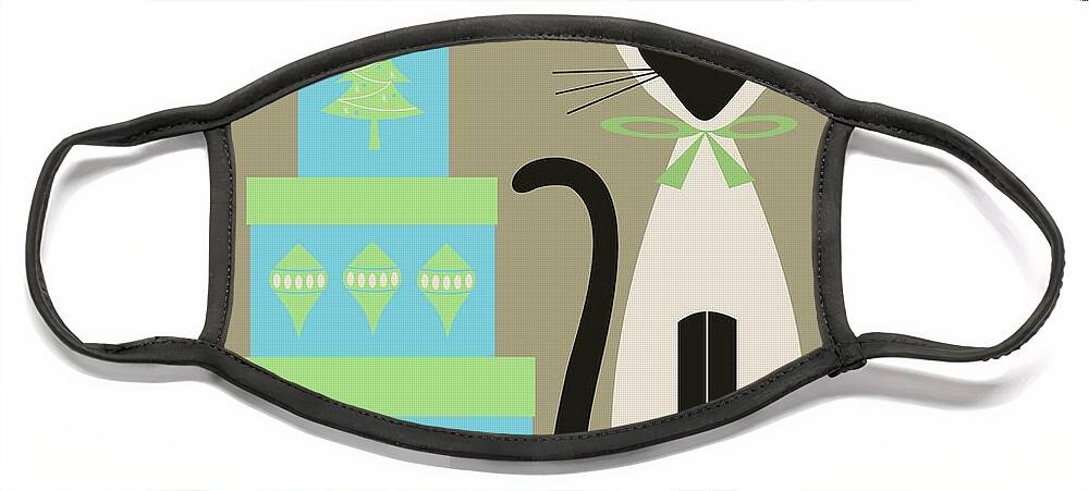 Mid Century Cat Face Mask featuring the digital art Christmas Siamese with Presents by Donna Mibus