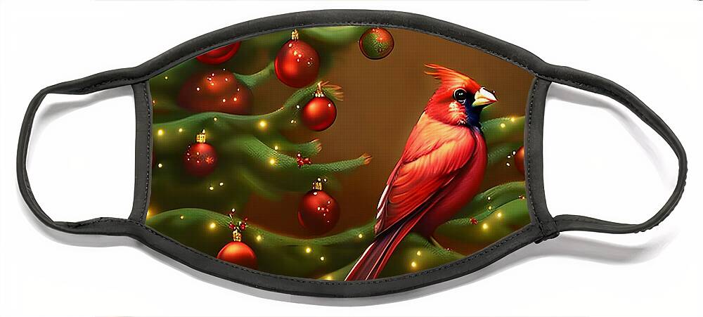 Digital Bird Christmas Tree Red Face Mask featuring the digital art Christmas Tree Cardinal by Beverly Read