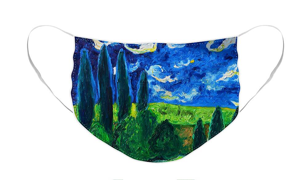 Nature Face Mask featuring the painting Cipressi Blu by Chiara Magni