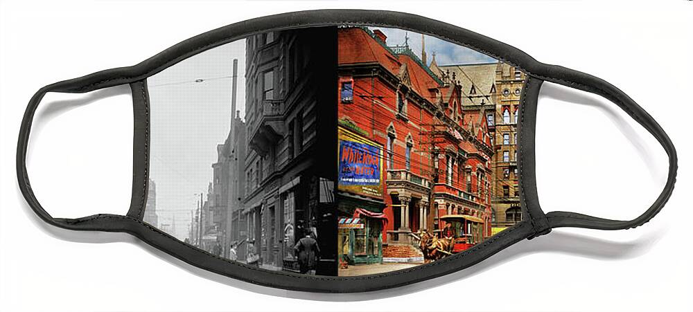 Cincinnati Face Mask featuring the photograph City - Cincinnati, OH - Elm Street 1900 - Side by Side by Mike Savad