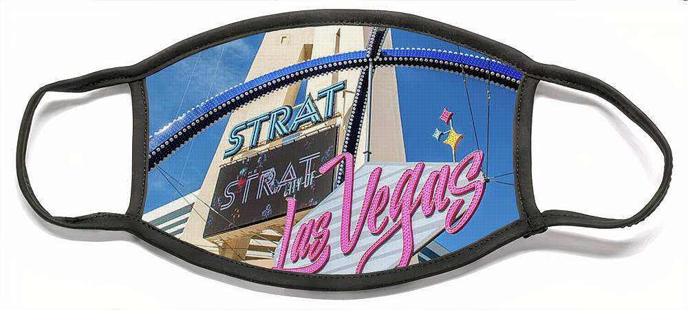 City Of Las Vegas Gateway Arch Face Mask featuring the photograph City of Las Vegas Arch and the Strat From Below Portrait by Aloha Art