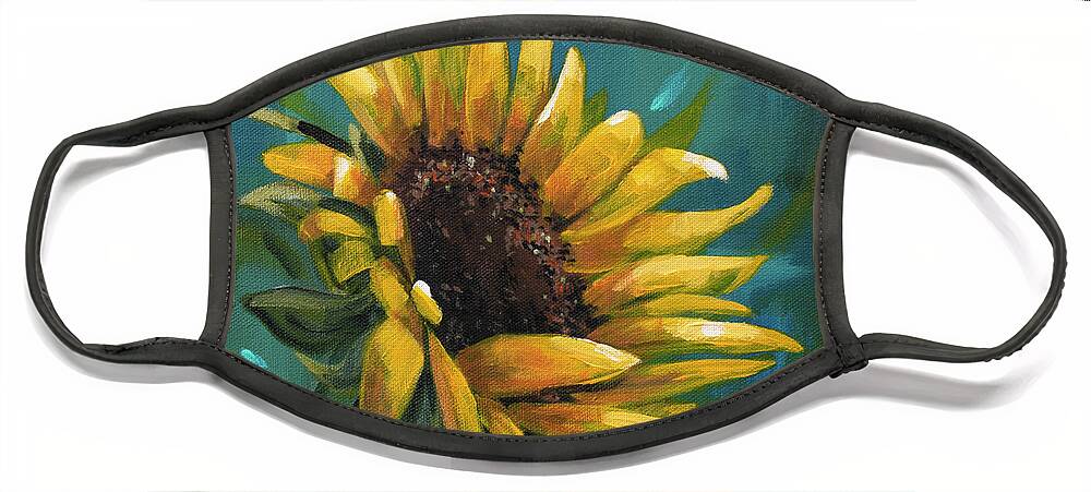 Summer Face Mask featuring the painting Cleared for Landing - Sunflower painting by Annie Troe