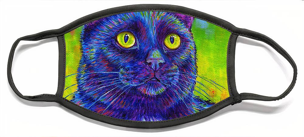Black Cat Face Mask featuring the painting Colorful Black Cat Portrait by Rebecca Wang
