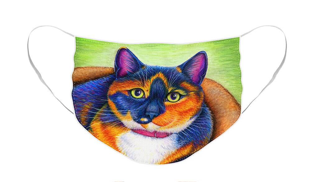 Cat Face Mask featuring the drawing Colorful Calico Cat by Rebecca Wang