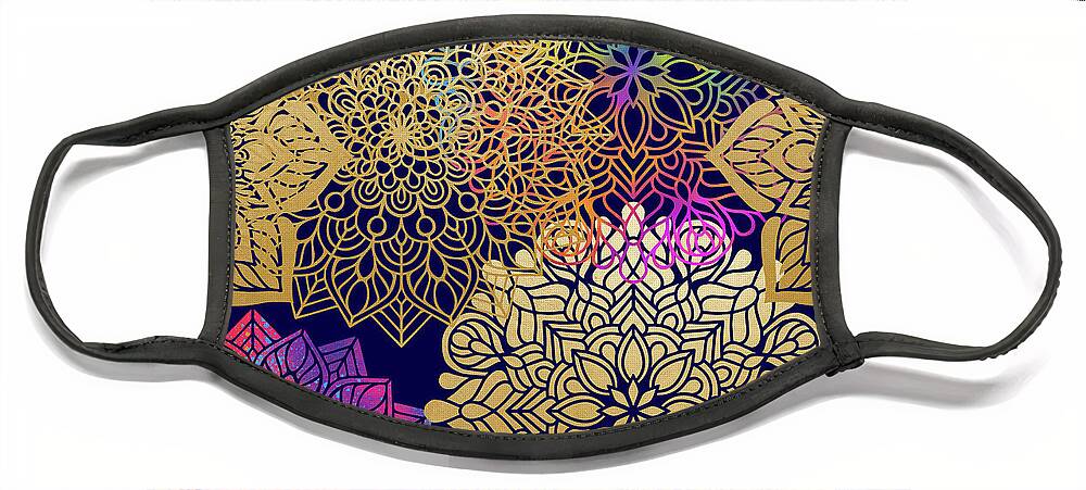 Mandala Face Mask featuring the digital art Colorful Gold Mandala Pattern In Dark Background by Sambel Pedes