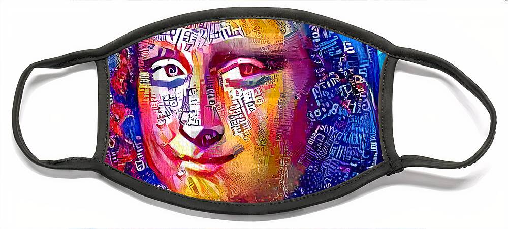 Mona Lisa Face Mask featuring the digital art Colorful Mona Lisa portrait with blue, orange and magenta color scheme by Nicko Prints
