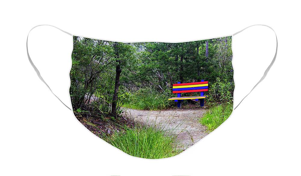 Park Bench Face Mask featuring the photograph Colorful Park Bench on the Tideland Trail by Bob Decker