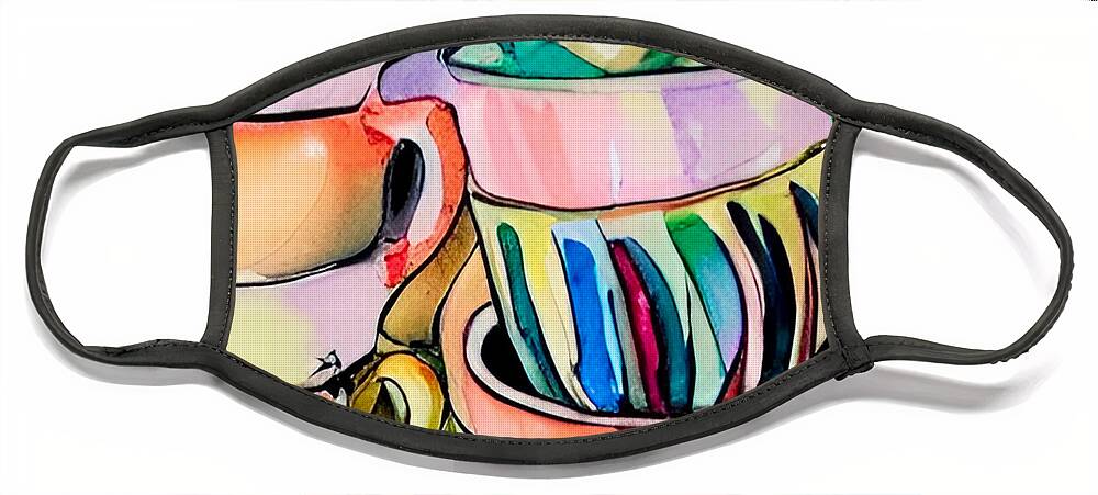 Sketching Face Mask featuring the digital art Colorful Teacups by Bonnie Bruno